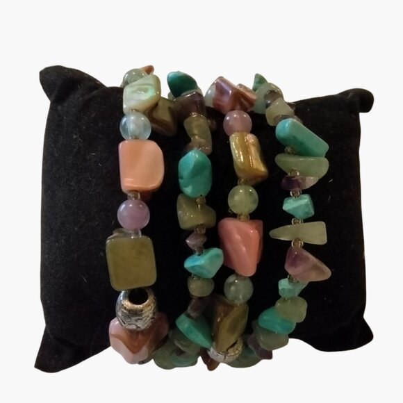 Shell Turquoise Bead Wrap Bracelet Beaded Adjustable Colorful Beachy Coastal - Picture 2 of 6